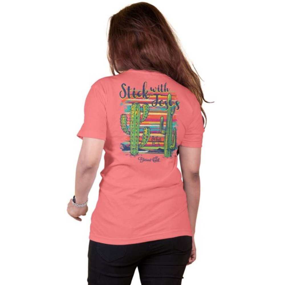 Blessed Girl Tee Cactus Print Bright Coral Stick With Jesus T-Shirt L NWT - Picture 4 of 4